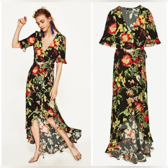 Zara Dresses & Skirts - ZARA Size L Women’s Black Floral Print Wrap Dress